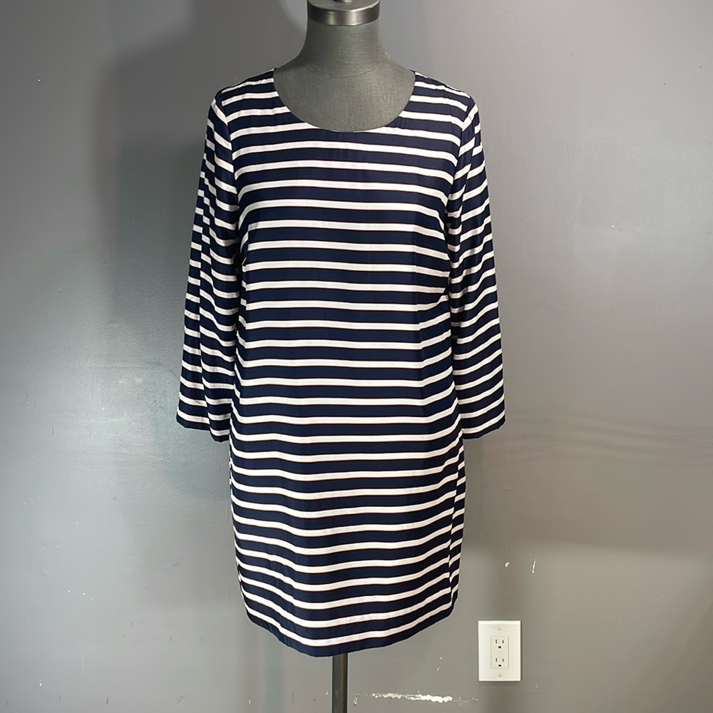 J. Crew Blue and White Sheath Dress with 3/4 Sleeves and Crew Neck 100% silk 8